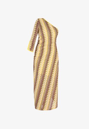 Asümmeetriline ühte õlgadega kleit kollase, pruunika ja roosa lainemustriga. Poolpika pikkusega, kehaümber ja tekstuurse kangaga, millel on kolmveerandvarrukad.