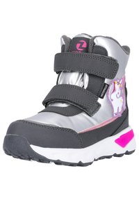 Silberner wasserdichter Stiefel mit grauen Akzenten, zwei schwarzen Klettverschlussriemen und einem Einhorn-Motiv. Mit rosa Akzenten an der Sohle.