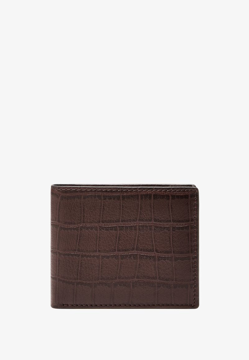 Braune Lederbörse mit Krokodilleder-Textur, rechteckiger Form und kontrastierender Naht entlang der Kanten. Kompaktes und schlankes Design.