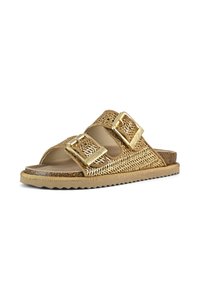 Gold woven slide sandal with dual buckles, open toe, textured upper, and a durable, ridged sole. Features a natural cork footbed.