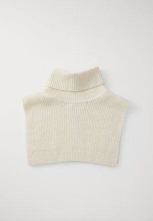 Sweater canelado, de manga curta, em off-white. Feito de material macio com uma gola dobrada. Possui riscas verticais por toda a peça.