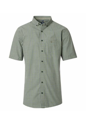 Short-sleeve button-up shirt in green and white check pattern. Features a classic collar and a single chest pocket with a small logo.