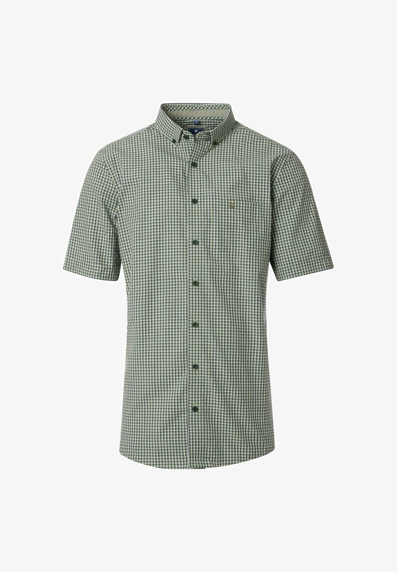 Korte mouwen overhemd met knopen in een groen-wit ruitpatroon. Heeft een classic kraag en een enkele borstzak met een klein logo.