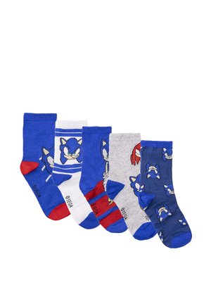 Fünf Paar blaue Socken mit Designs von Sonic the Hedgehog, die verschiedene Muster und Farben einschließlich roter, weißer und grauer Akzente aufweisen.