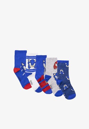 Fünf Paar blaue Socken mit Designs von Sonic the Hedgehog, die verschiedene Muster und Farben einschließlich roter, weißer und grauer Akzente aufweisen.