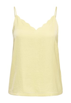 Lysegul ærmeløs top med tynde skulderstropper og en bølget V-udskæring fremstillet af tekstureret stof.