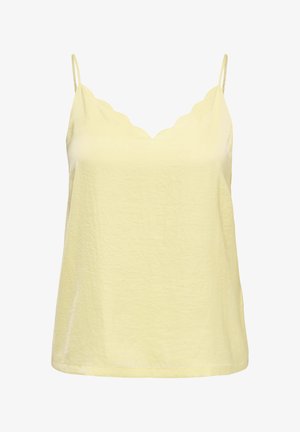 Lys gul, ermeløs topp med tynne skulderstropper og en hakket V-hals, laget av teksturert stoff.
