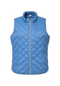 Gilet senza maniche blu trapuntato con colletto alto, caratterizzato da una cerniera frontale e un motivo di cuciture diagonali per un tocco di texture in più.