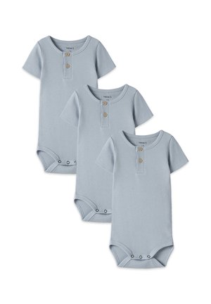 Three light blue, short-sleeve ribbed baby bodysuits with round necks, button plackets, and snap closures at the bottom.