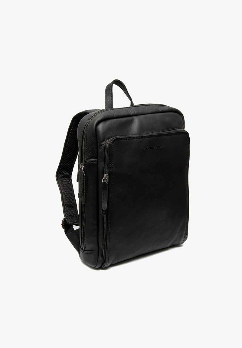 Schwarzer Leder-Rucksack in rechteckiger Form, mit zwei Reißverschlussfächern, verstellbaren Trägern und einem strukturierten Rückenpanel.