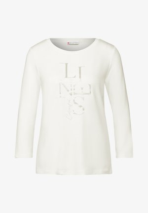 Weißes Langarm-T-Shirt mit rundem Ausschnitt und glänzendem Textdesign, das "LINES" in verschiedenen Schriftarten zeigt. Weicher Stoff.