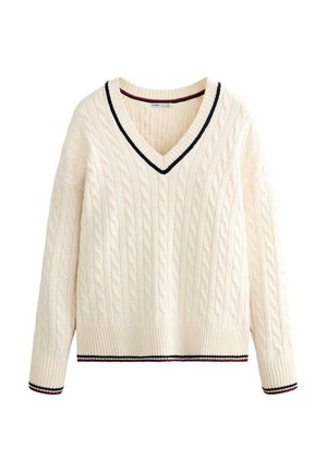 Maglione crema a trecce con scollo a V, caratterizzato da bordi a coste con righe nere e rosse lungo il collo e i polsini. Tessuto accogliente e strutturato.
