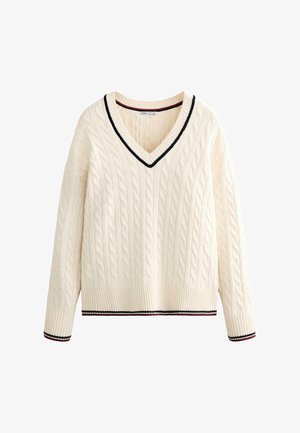 Maglione crema a trecce con scollo a V, caratterizzato da bordi a coste con righe nere e rosse lungo il collo e i polsini. Tessuto accogliente e strutturato.