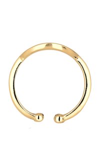 Guld-tone åben ring med en glat, poleret finish, der har to afrundede ender og et minimalistisk design. Diameteren er passende til justerbar brug.