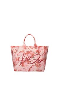 Borsa tote rosa con motivo a foglia di palma, dotata di un logo in evidente scrittura. Realizzata in tessuto, ha due manici robusti e un design spazioso.