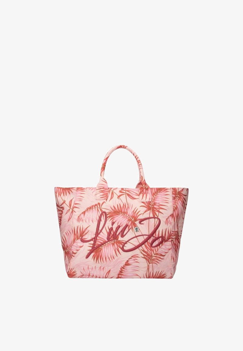 Borsa tote rosa con motivo a foglia di palma, dotata di un logo in evidente scrittura. Realizzata in tessuto, ha due manici robusti e un design spazioso.