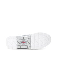 Witte sneakersole met een gestructureerde rubberen grip, met een grijze accenten in het midden en een logo in het midden.