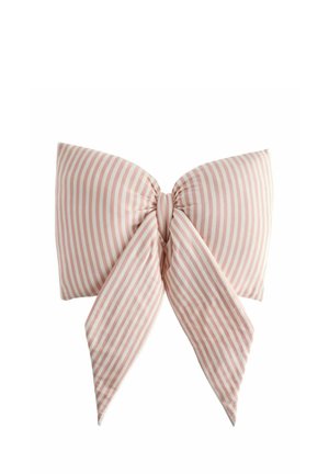 Soft pink and white striped fabric bow with two wide loops and two pointed tails hanging down.