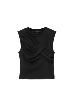 Czarny top bez rękawów z plisowanym, skręconym detalem z przodu na klatce piersiowej i okrągłym dekoltem, przedstawiony na białym tle.
