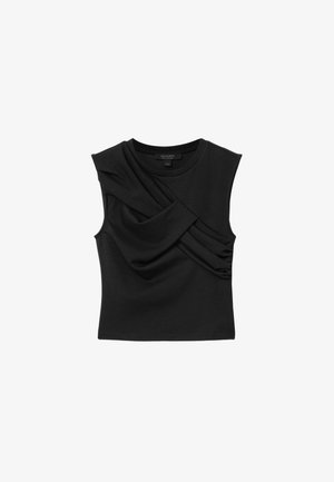 Haut noir sans manches avec un détail de tissu plissé torsadé sur la poitrine et un col rond, présenté sur un fond blanc.