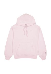 Felpa con cappuccio rosa chiaro realizzata in tessuto morbido. Presenta una tasca frontale, lacci al collo e un logo sul petto e sulla manica.