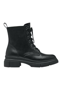 Bottes de cheville en cuir noir avec bout rond, à lacets à l'avant et semelles en caoutchouc épaisses. Présentent une bride de traction à l'arrière et une texture lisse.