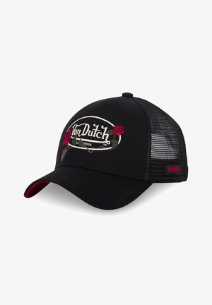 Casquette de baseball noire avec des côtes en maille, visière courbée et accents rouges. Présente un logo brodé avec des roses sur le devant.