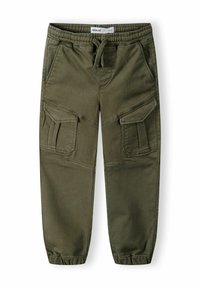 Olive green cargo pants made of soft fabric, featuring an elastic waistband, drawstring, and multiple side pockets. Fitted cuffs at the ankles.