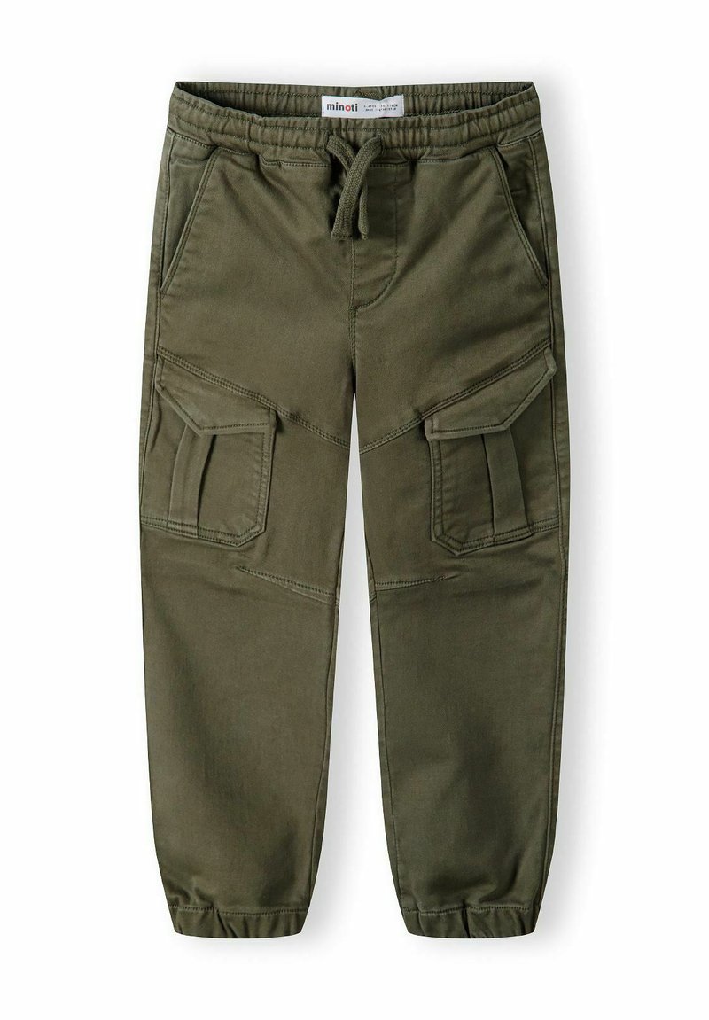 Olive green cargo pants made of soft fabric, featuring an elastic waistband, drawstring, and multiple side pockets. Fitted cuffs at the ankles.