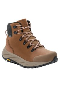 Braune Wanderschuhe mit Obermaterial aus Leder, Netz-Zunge, schwarzen Akzenten und langlebiger Vibram-Sohle. Verfügt über metallische Ösen und strukturierte Schnürsenkel.