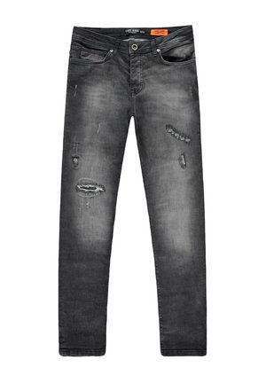 Zwarte denim jeans met een vervaagde afwerking, met meerdere slijtageplekken en een slim fit. Inclusief een voorvak en geborduurd merkembleem op de tailleband.