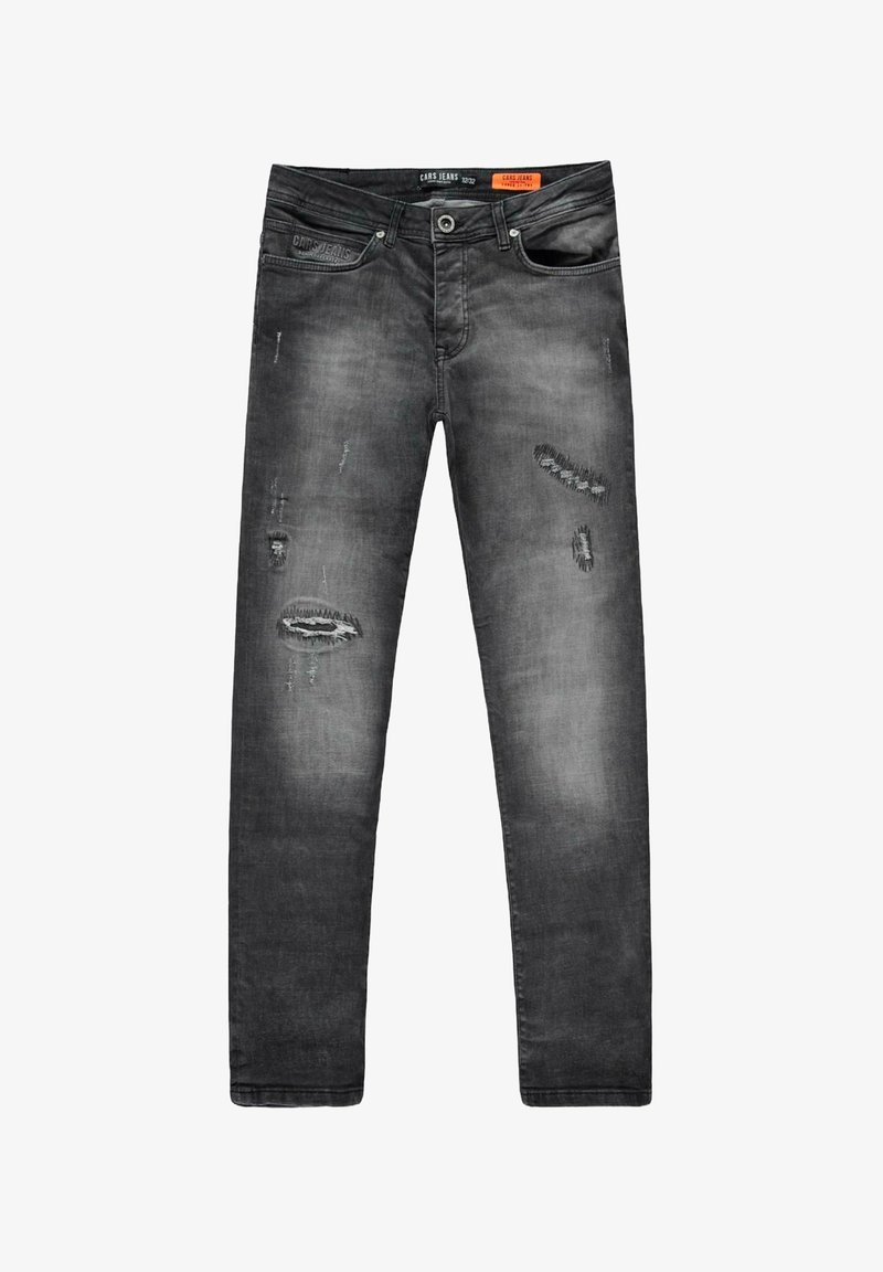 Zwarte denim jeans met een vervaagde afwerking, met meerdere slijtageplekken en een slim fit. Inclusief een voorvak en geborduurd merkembleem op de tailleband.