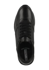 Black sneakers with a smooth leather upper, textured side panel, flat black laces, and a removable insole. Size label visible inside.