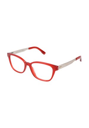 Occhiali rettangolari rossi con montatura in plastica traslucida e aste metalliche argentate con texture, mostrati su sfondo bianco.