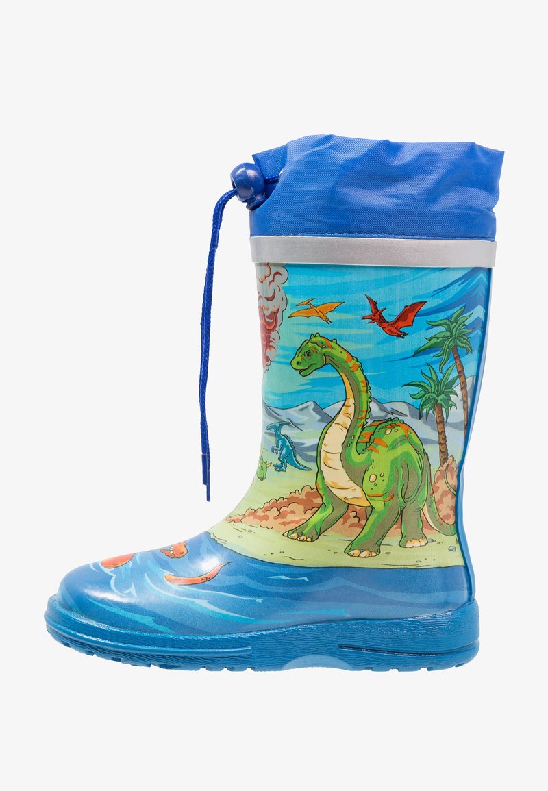 Rubberen regenlaarzen met een blauwe bovenkant, voorzien van kleurrijke dinosaurussymbolen, een gestructureerde zool en een trekkoord voor een veilige pasvorm.