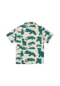 Krótka kremowa koszula z zielonymi ilustracjami panter w różnych pozach, widziana od tyłu.