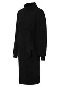 Zwarte gebreide jurk met een hoge hals, lange pofmouwen en een strikceintuur in de taille. Soepele textuur en aansluitende silhouet.