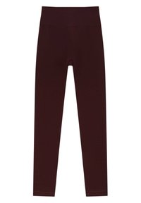 Leggings bordeaux en tissu extensible, dotés d'une taille haute et d'une texture lisse sans coutures ni motifs visibles.