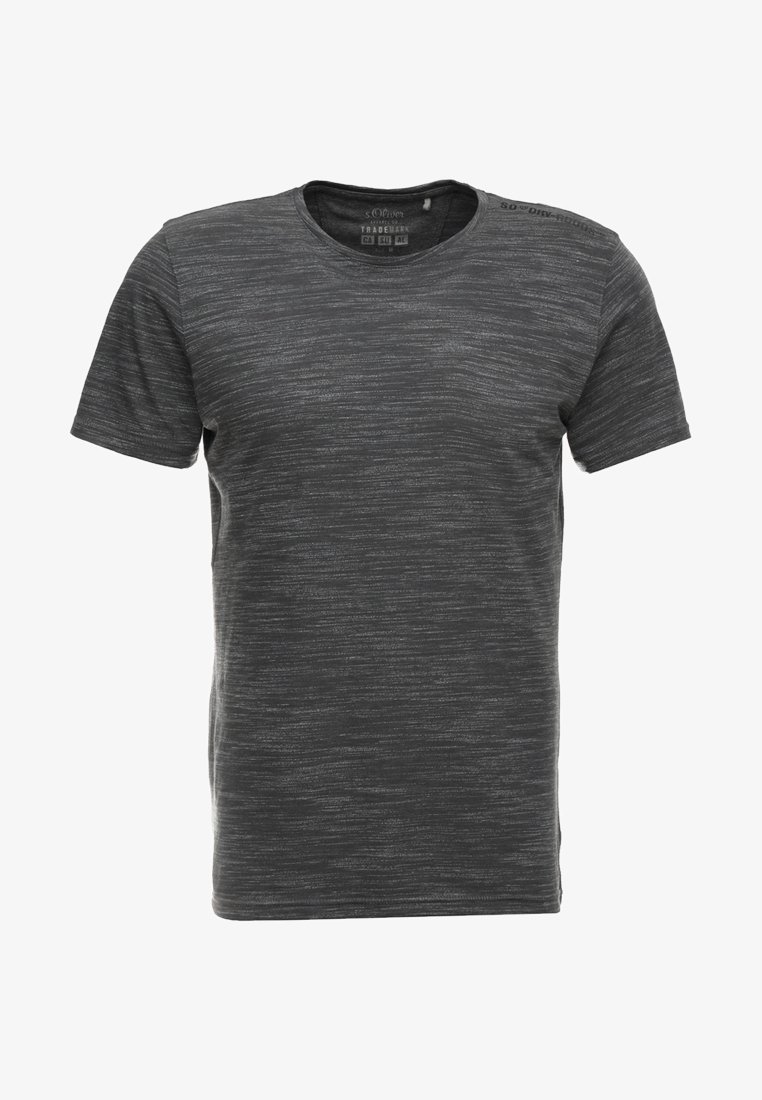 Dark gray short-sleeve heathered t-shirt with crew neck, subtle horizontal streak pattern, and small printed text near the left shoulder.
