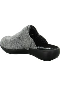 Gray felt clogs with a black rubber sole, featuring a folded fabric accent on the side and a textured, soft interior lining.