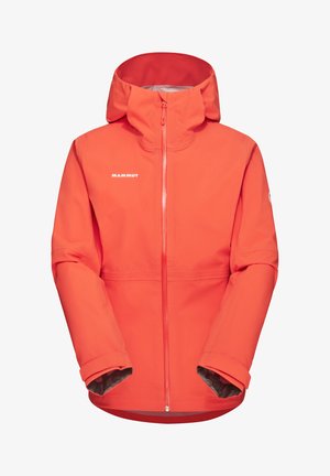 Helder oranje waterdichte jas, softshell materiaal, volledige voorkantrits, verstelbare capuchon, elastische manchetten, binnenvoering met donkere grijze accenten.