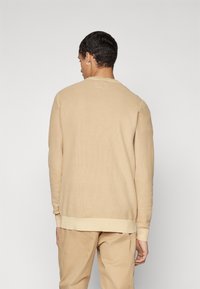 Beige, strukturiertes Strickoberteil mit langen Ärmeln und rundem Ausschnitt. Verfügt über einen gerippten Saum und Bündchen, von hinten gezeigt.