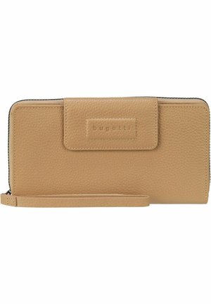 Porte-monnaie de poignet rectangulaire en cuir tan avec surface texturée, fermeture éclair et rabat avant portant l'étiquette "bugatti."