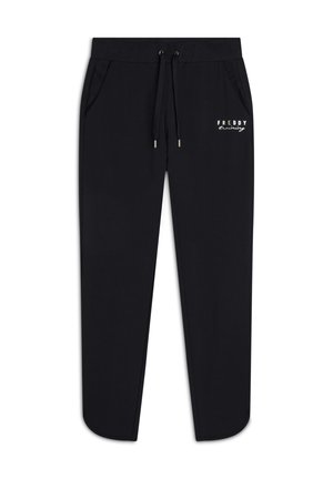 Pantaloni sportivi neri realizzati in tessuto morbido, con una vita elastica dotata di lacci, tasche laterali e un piccolo logo bianco sulla coscia.