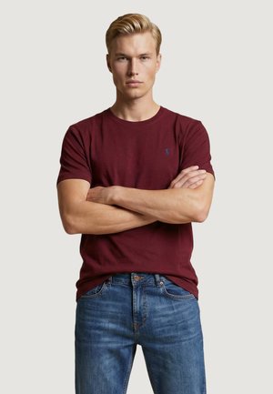 Uomo biondo con le braccia incrociate, che indossa una maglietta bordeaux a maniche corte e jeans blu, su uno sfondo chiaro e semplice.