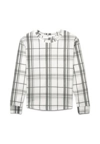 Camicia a maniche lunghe in morbido pile bianco con motivo a quadri grigi, caratterizzata da un colletto tondo e un taglio dritto per una vestibilità comoda.