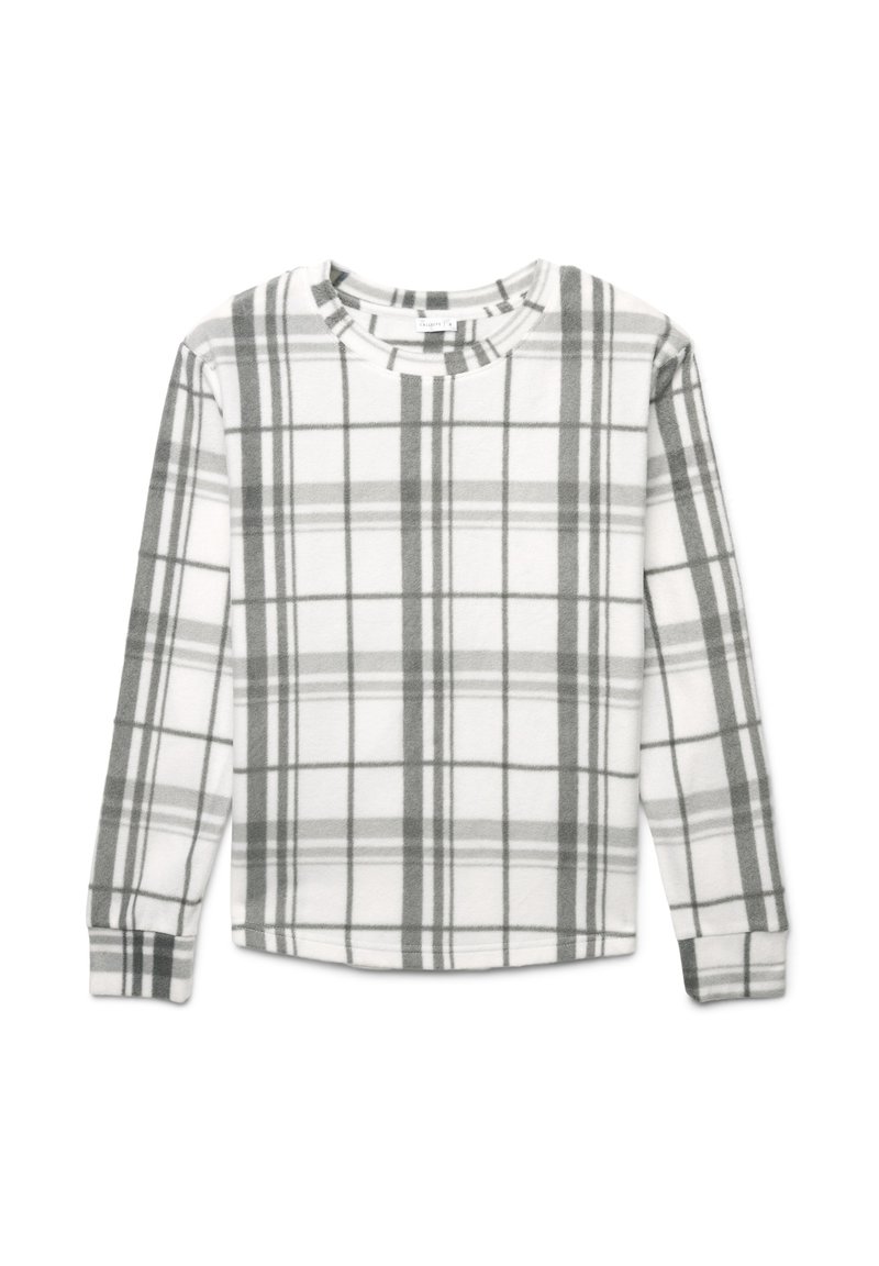 Camicia a maniche lunghe in morbido pile bianco con motivo a quadri grigi, caratterizzata da un colletto tondo e un taglio dritto per una vestibilità comoda.
