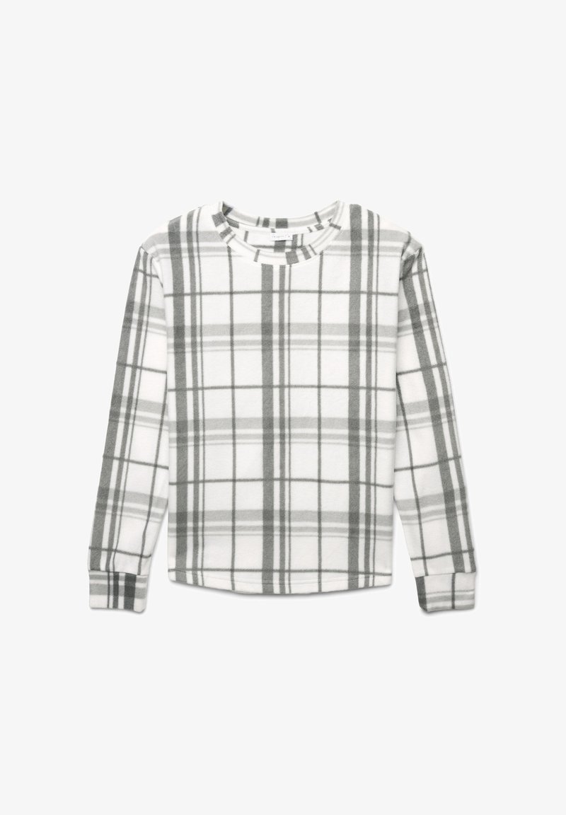 Camicia a maniche lunghe in morbido pile bianco con motivo a quadri grigi, caratterizzata da un colletto tondo e un taglio dritto per una vestibilità comoda.