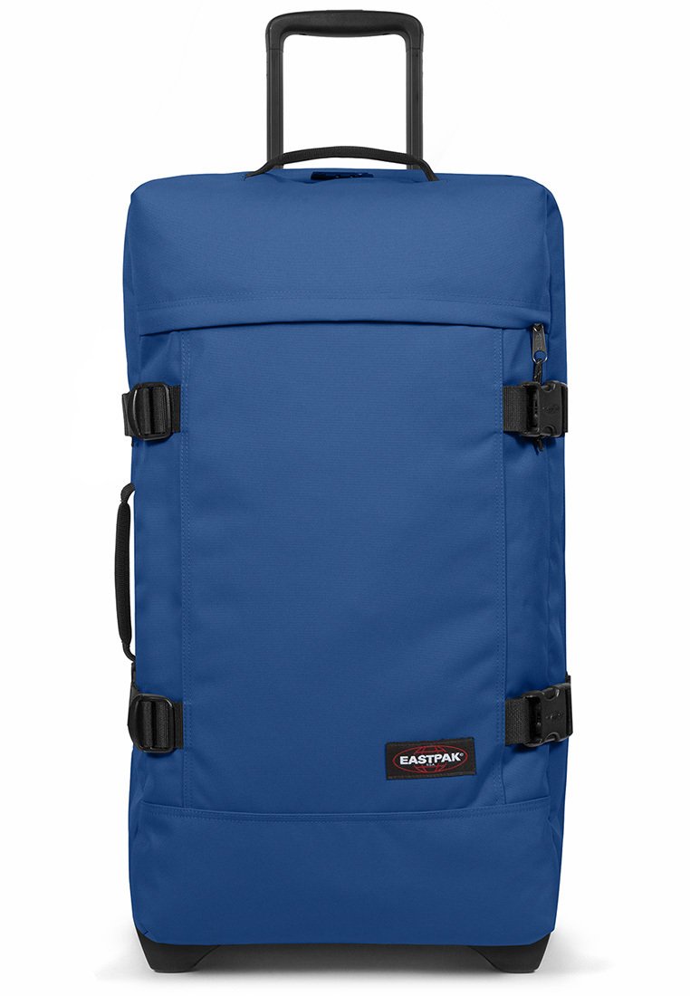 Borsone blu con ruote, manico resistente, piedi in plastica e spallacci regolabili. Realizzato in tessuto durevole, con chiusura superiore a zip.
