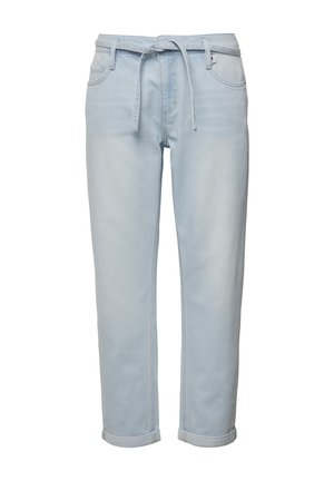 Lichtblauwe denim jeans met een relaxte pasvorm, opgerolde manchetten, een koordsluiting in de taille en voorzakken. De stof heeft een gladde textuur.